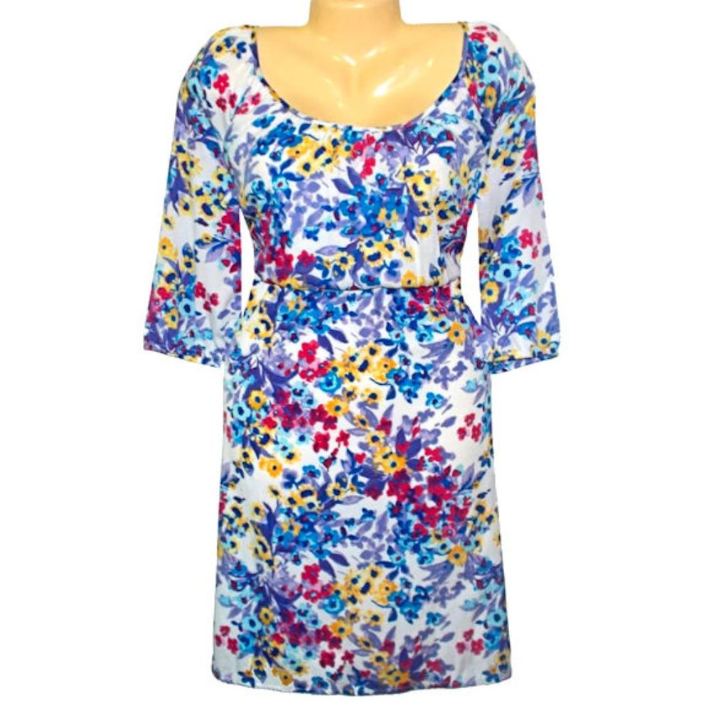 NWT Flirty Rainbow Floral White Faux Silk Empire Knee Length Dress Size XL